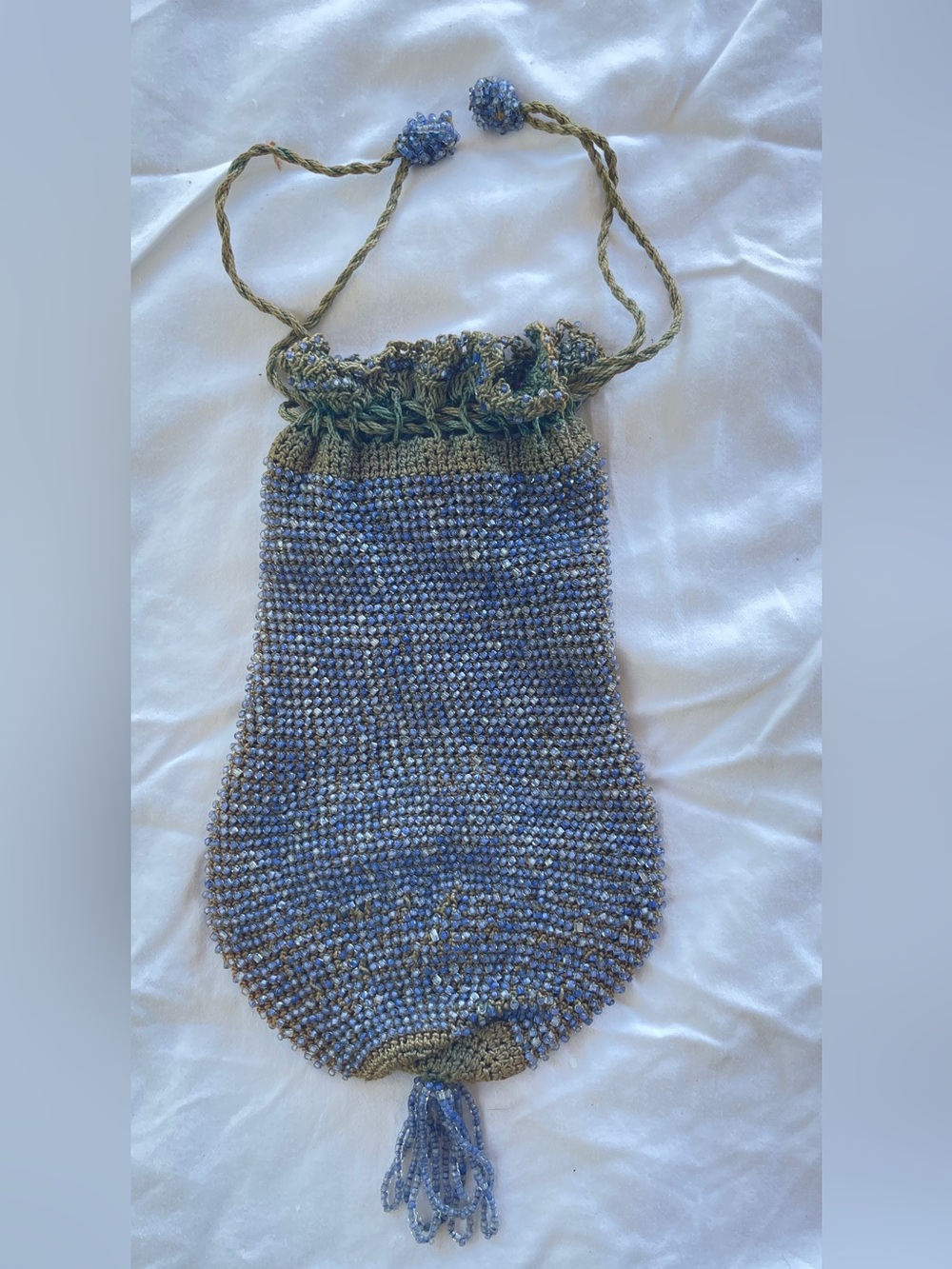 Antique Early 1900s Hand Beaded Crochet Reticule Purse Silk Lined